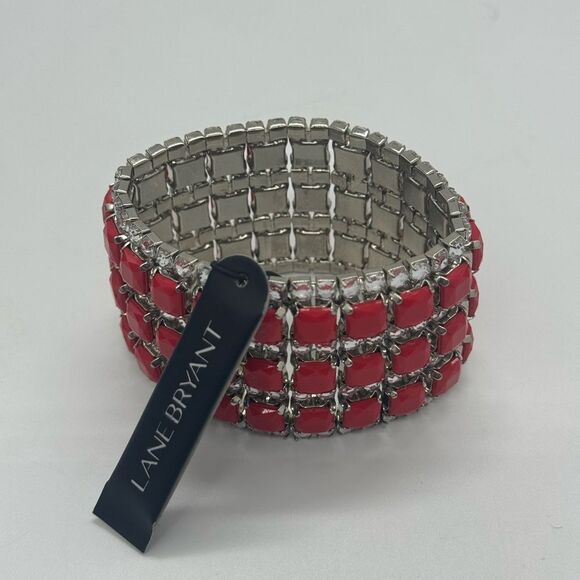 Lane Bryant 2 inch Width Sparkling Red Silver tone Bangle Style Bracelet - Picture 1 of 5